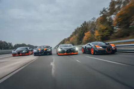 In a historic moment, Bugatti's four world-record-holding cars were united for the first time.
