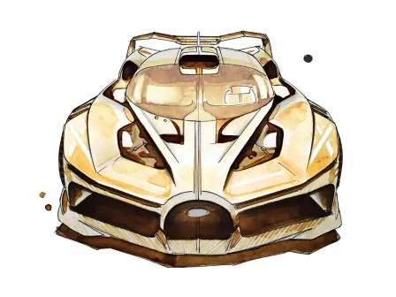 Croquis de design du Bugatti Bolide ; la vitesse maximale simulée de la voiture hyper sportive axée sur la piste de course est bien supérieure à 500 km/h.