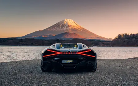 The X-shaped rear light of the W16 Mistral in front of the legendary Mount Fuji.