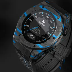 The carbon fiber elements are finished with highlights of blue, a color forever associated with the brand.
