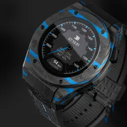 The carbon fiber elements are finished with highlights of blue, a color forever associated with the brand.