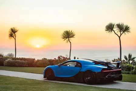 The new Bugatti Chiron Pur Sport with a view of the Pacific Ocean.