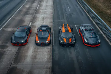 Veyron 16.4 Super Sport World Record Edition, Veyron 16.4 Grand Sport Vitesse World Record Edition, Chiron Super Sport 300+ und das W16 Mistral World Record Car vereint.