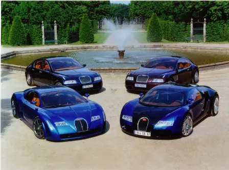 All four Bugatti concept cars photographed in the Herrenhäuser Gardens near Hanover, Germany in 2000.