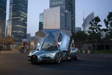 The Bugatti Tourbillon is a symbol of innovation and avant-gardism, like the financial district of Lujiazui.