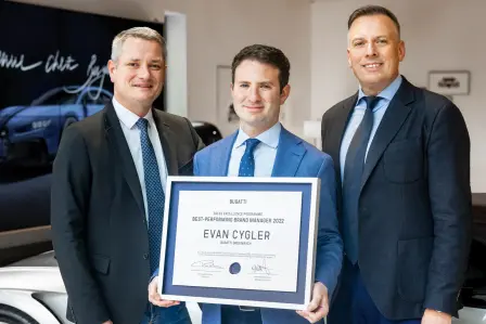 Christophe Piochon, President of Bugatti, and Hendrik Malinowski, Managing Director of Bugatti, with Evan Cygler, Brand Manager at Bugatti Greenwich.