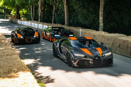 Three world-record-holding Bugatti hyper sports cars perform at Goodwood Festival of Speed 2022.
