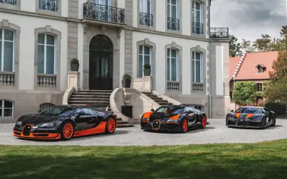 Bugatti's record vehicles of the modern era in chronological order: Veyron 16.4 Super Sport (2010), Veyron 16.4 Grand Sport Vitesse (2013), Chiron Super Sport 300+ (2019).
