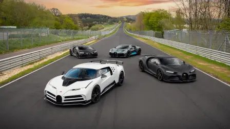 Bugatti mit der exklusivsten Erprobungsflotte der Welt am Nürburgring.