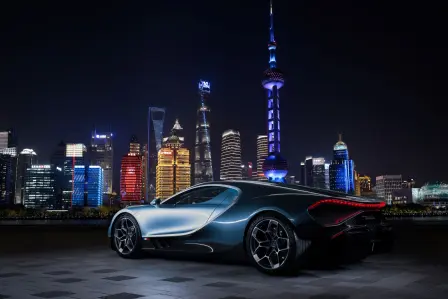The Bugatti Tourbillon facing the dizzying Shanghai skyline.