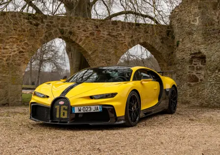 The Bugatti Chiron Pur Sport in front of the former monastery Abbaye des Vaux de Cernay, in Rambouillet, south west of Paris.