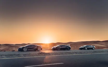 The Trilogy of modern Bugatti, the EB110, Veyron 16.4 and Chiron, gathering in Dubai