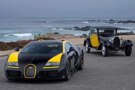 La Veyron  16.4 Grand Sport Vitesse « 1 sur 1 » présentée en 2014 et une Type 40 Fiacre peintes en noir et jaune.