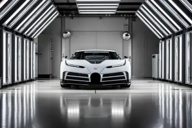 The coachbuilt Centodieci basks in the light tunnel at the Bugatti Atelier in Molsheim.