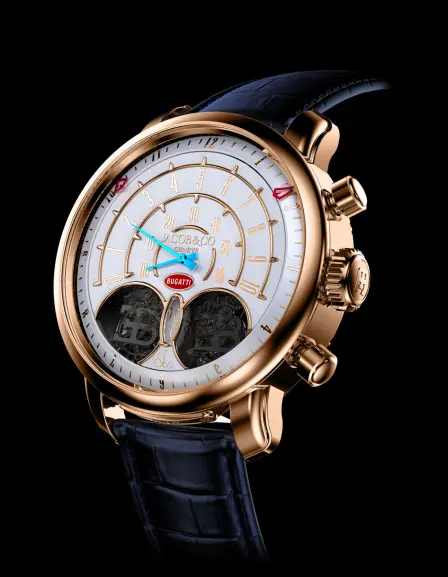 Le garde-temps Jean Bugatti, ici en or rose, est la dernière création née du partenariat fructueux entre Jacob & Co et Bugatti et une édition limitée à 50 pièces.