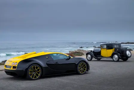 The Veyron 16.4 Grand Sport Vitesse ‘1-of-1’ introduced in 2014 and a Type 40 Fiacre finished in black and yellow.  