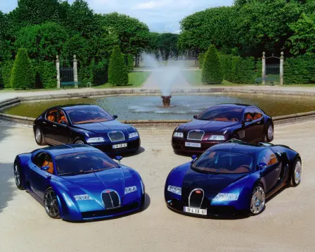 The four concept studies – EB 118, EB 218, EB 18/3 Chiron and EB 18/4 Veyron –immortalised in 2000 in the historic gardens of Herrenhäuser near Hanover.