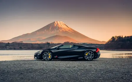 W16 Mistral stopped at Lake Kawaguchi, offering magnificent views of Mount Fuji.