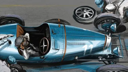 Louis Chiron in a Bugatti Type 51 doing a pit stop – sketched by a Bugatti designer.
© 2015 Bugatti Automobiles S.A.S.