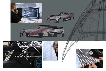 Die Bugatti CAD-Modelleure projizierten entsprechend der Photoshop-Vorlagen der Designer das Rautenmuster auf die Oberfläche des Divo CAD-Modells.