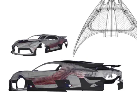 The Bugatti CAD-modellers projected according to the photoshop-specification of the designer the diamond pattern onto the surface of the CAD model of the Divo.