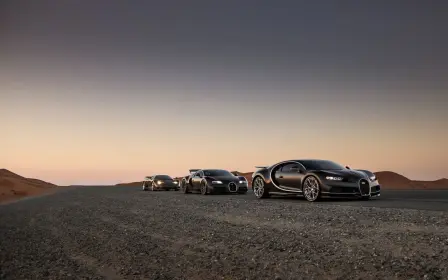 Die Trilogie der Bugatti-Moderne, Bugatti EB110, Veyron 16.4 und Chiron, vereint in Dubai