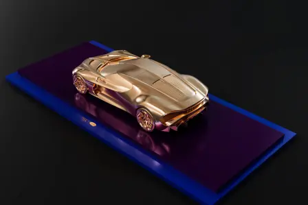 Inspired by the Bugatti La Voiture  Noire, Asprey’s studio created a unique gold sculpture and its accompanying artwork and NFT.