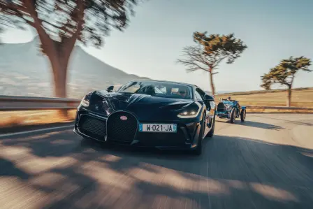 Three legends finally come together: the Bugatti Divo followed by its historic predecessor, the Bugatti Type 35 on the Targa Florio racetrack.