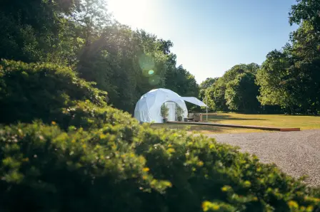 Le dôme transparent qui a accueilli les clients pour la nuit permet de profiter de la nature environnante et du ciel étoilé.