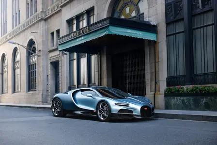 The Bugatti Tourbillon in front of the iconic "Fairmont Peace Hotel" in Shanghai's exhilarating Bund district.
