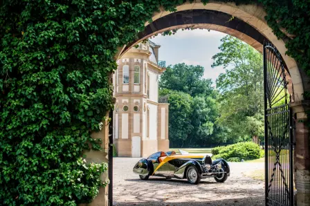 The one-of-a kind example of the Bugatti Type 57 Roadster Grand Raid Usine unveiled at the Salon de l’Automobile in Paris in October 1934.