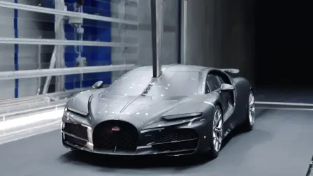 The 1:2 model of the Bugatti Tourbillon in a wind tunnel specially developed for scale models.
