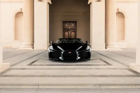 The Bugatti W16 Mistral in front of the Ritz Carlton hotel in Riyadh.